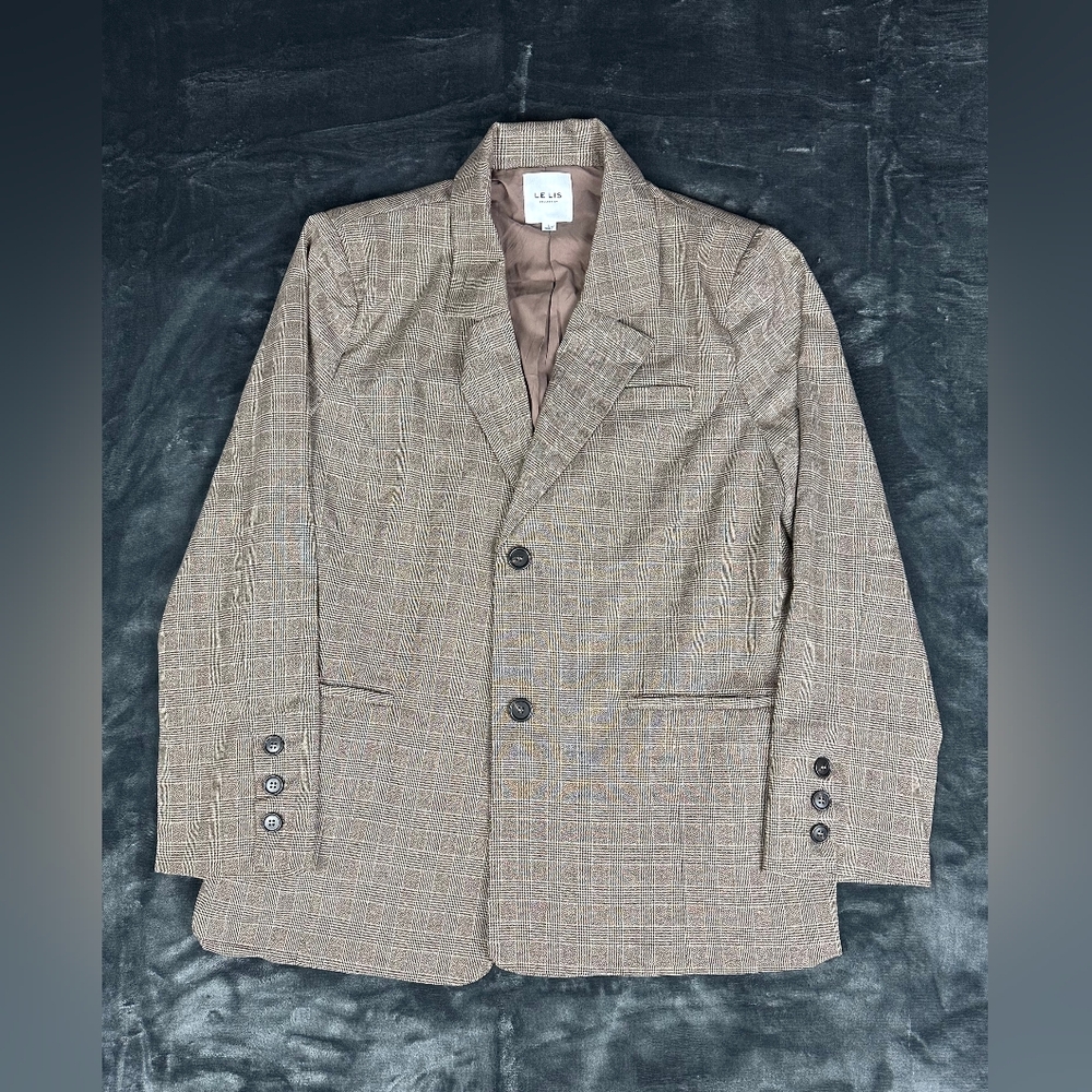LE LIS Brown Plaid Long Sleeve Button-Up Two Pocket Blazer